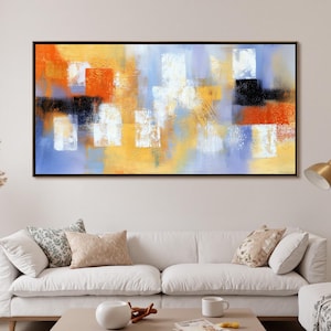 Peinture à l&#39;huile abstraite colorée vibrante sur toile art moderne pour la décoration intérieure, art mural audacieux en orange, bleu et jaune pour la décoration de salon