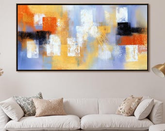 Pintura a óleo abstrata e vibrante sobre tela, arte moderna para decoração de casa, arte de parede ousada em laranja, azul e amarelo para decoração de sala de estar.
