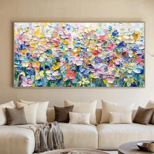 Colorful Floral Textured Wall Art Flower Garden Painting On Canvas 3D Impressionist Floral Canvas Spring Wildflower Artwork Over Sofa Decor