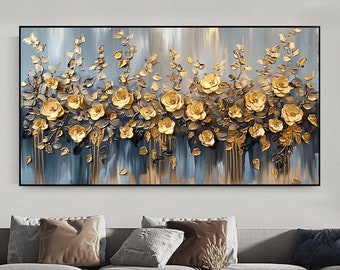 Grande dipinto a olio astratto di fiori di rosa su tela, arte da parete floreale dorata originale, decorazione da parete moderna, pittura personalizzata per camera da letto