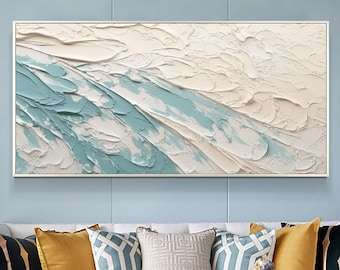 Minimalista spiaggia pittura a olio su tela, grande parete arte martellata bianco oceano onda pittura, pittura personalizzata Wabi-Sabi Wall Decor Living Room