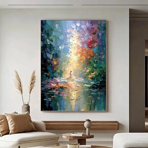 Impasto Forest Meditation Oil Painting, Golden Sunbeam Canvas Art, Spiritual Nature Scene, Textured Oil Paint, Modern Landscape Wall Decor
