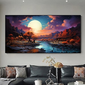 Abstract Mountain Landscape Oil Painting on Canvas, Large Wall Art, Original Moon Night Painting Minimalist Art Custom Living Room Decor