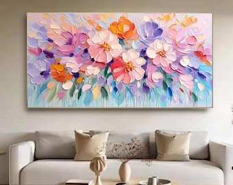 Pintura floral colorida, lienzo texturizado con flores, paleta vibrante, estilo impresionista moderno, decoración de pared luminosa, obra de arte única para el hogar