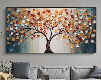 Abstract Tree of Life Oil Painting on Canvas, Large Wall Art Original Colorful Tree Art Minimalist Decor Custom Painting Living Room Decor