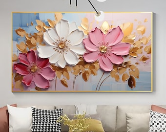 Grande fiore astratto dipinto ad olio su tela, tela da parete arte originale minimalista arte floreale personalizzata pittura oro decorazione da parete soggiorno arte