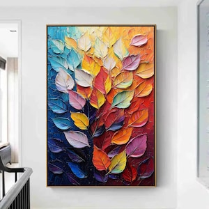 Vibrant Abstract Leaves Oil Painting on Canvas, Large Wall Art, Original 3D Colorful Textured Painting,Palette Knife Art,Modern Home Artwork