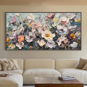 Vibrant Textured Floral Oil Painting Romantic Impasto Flower Wall Art Pastel Botanical Painting Palette Knife Bloom Modern Art Office Decor