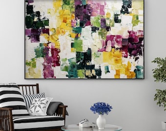 Pintura al óleo original con textura colorida sobre lienzo, gran pintura abstracta en amarillo y morado, arte con espátula, decoración moderna y lujosa para sala de estar.