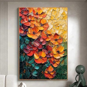 Large Original Flowers Oil Painting On Canvas,Abstract Texture Orange Floral Painting,Custom Painting,Boho Wall Décor,Living room Wall Decor