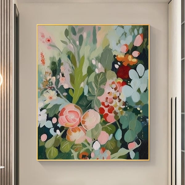 Original grüne Blumen Ölgemälde auf Leinwand, abstrakte moderne Blumen Acrylbild, Boho Dekor, große Wandkunst, Wohnzimmer Dekoration