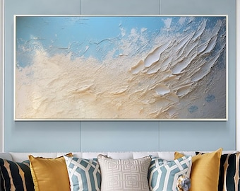 Bianco minimalista spiaggia pittura su tela, grande parete arte martellata Ocean Wave pittura, pittura personalizzata Wabi-Sabi Wall Art Living Room Decor