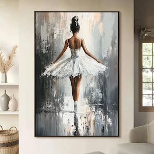 Abstract Elegant Ballet Girl Oil Painting on Canvas, Original White Textured Dancer Wall Art, Modern Wall Decor, Luxury Office Wall Decor