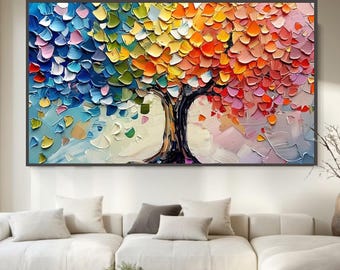 Large Original Colorful Tree Oil Painting on Canvas, Textured Abstract Canvas Wall Art, Rainbow Palette Knife Artwork for Living Room Decor