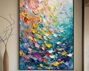 Large Original Fish School Oil Painting on Canvas, Abstract Colorful Textured Wall Art, Contemporary Fashion Blue Sea Art, Living Room Decor