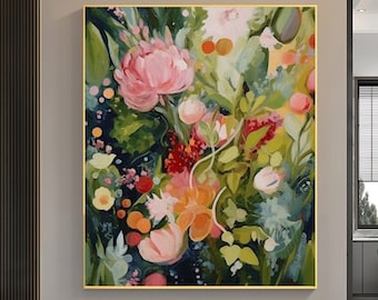 Pintura al óleo de flores verdes originales sobre lienzo, pintura floral abstracta, arte de pared boho, pintura acrílica floral moderna decoración de la pared de la sala de estar