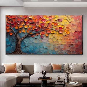 Large Original Tree of Life Oil Painting on Canvas, Abstract Textured Orange Tree Wall Art, Boho Custom Wall Décor, Living room Wall Decor