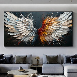 Abstract Angel Wing Oil Painting On Canvas,Large Wall Art,Original 3D White Orange Wing Texture Wall Art, Minimalist Living Room Decor Gift