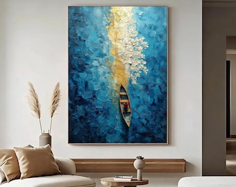 Solitary Rower Oil Painting, Red Figure in Wooden Boat on Golden Light Water, Textured Blue Seascape, Serene Impressionist Home Wall Decor