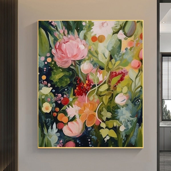 Original Green Flower Oil Painting on Canvas, Abstract Floral Painting, Boho Wall Art, Modern Floral Acrylic Painting Living Room Wall Decor