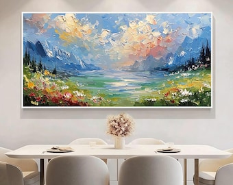 Mountain Lake Wildflower Painting, Vibrant Landscape with Snowy Peaks and Reflective Water,Colorful Nature Canvas Wall Decor For Living Room