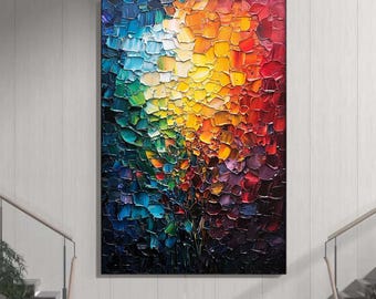 May include: Abstract painting with a colorful, textured, and layered design. The painting features a variety of colors, including blue, green, yellow, orange, red, and purple. The paint is applied in thick strokes, creating a three-dimensional effect.