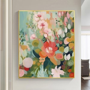 Original Oil Painting on Canvas, Abstract Green Flowers Painting, Large Wall Art, Modern Floral Acrylic Painting Living Room Boho Wall Decor
