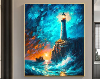 Original Lighthouse Oil Painting On Canvas, Abstract Seascape Painting, Large Wall Art, Boho Decor, Custom Painting,Living room Wall Decor