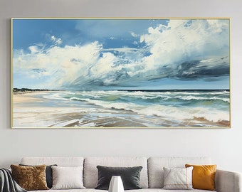 Dipinto astratto con vista sul mare su tela, arte da parete originale con paesaggio blu oceano, decorazione da parete moderna, arte del soggiorno, pittura a olio extra large