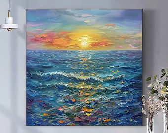 Original Sea Sunrise Oil Painting on Canvas Large Abstract Textured Seascape Ocean Landscape Wall Art Boho Wall Décor,Living room Wall Decor
