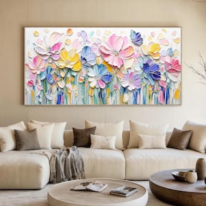 Colorful Floral Textured Wall Art Flower Garden Painting On Canvas 3D Impressionist Floral Canvas Spring Wildflower Artwork Over Sofa Decor