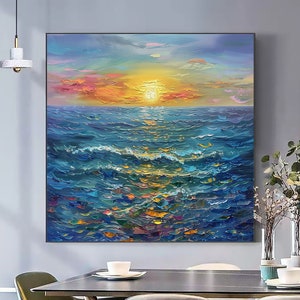 Original Sea Sunrise Oil Painting on Canvas Large Abstract Textured Seascape Ocean Landscape Wall Art Boho Wall Décor,Living room Wall Decor