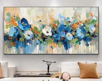 Großes abstraktes Blumen-Ölgemälde auf Leinwand Wandkunst, ursprüngliche blaue Blumenlandschaftskunst kundenspezifische Malerei moderne Wanddekor-Wohnzimmerkunst
