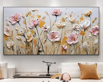 Pintura al óleo de flores minimalistas sobre lienzo, arte de pared grande, arte floral abstracto original decoración rosa pintura personalizada sala de estar decoración del hogar