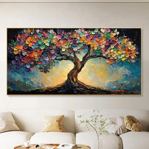Original Colorful Tree Oil Painting on Canvas, Large Abstract Colorful Texture Painting, Boho Wall Art, Custom Painting, Living Room Decor
