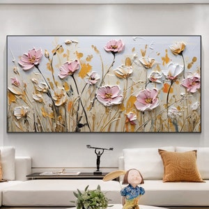 Minimalist Flower Oil Painting On Canvas, Large Wall Art, Original Abstract Floral Art Pink Decor Custom Painting Living Room Home Decor
