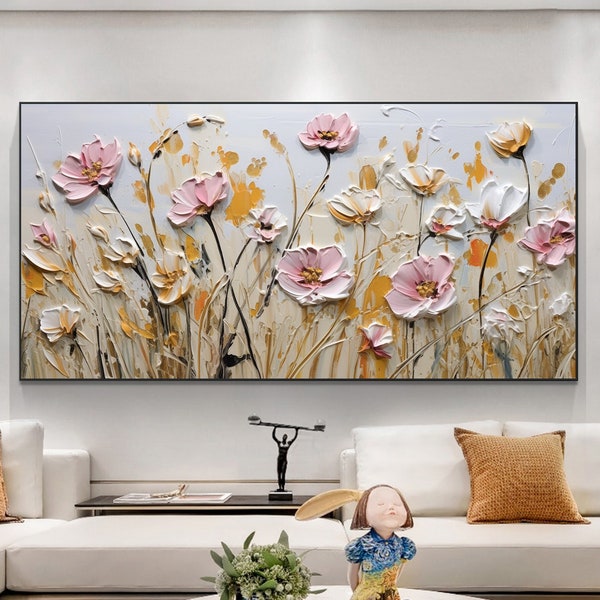 Peinture à l'huile minimaliste de fleurs sur toile, grande oeuvre d'art murale, art floral abstrait abstrait original, décoration rose, peinture personnalisée pour salon, décoration d'intérieur