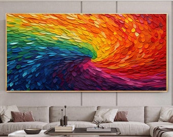 Pintura al óleo abstracta de flores con cuchillo sobre lienzo, arte mural de gran formato, pintura original con textura 3D colorida, decoración de pared boho, decoración de pared para sala de estar