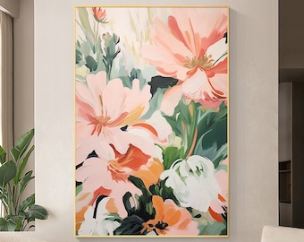 Fiore astratto dipinto ad olio su tela, grande arte da parete originale minimalista rosa floreale arte da parete pittura personalizzata arredamento moderno del soggiorno