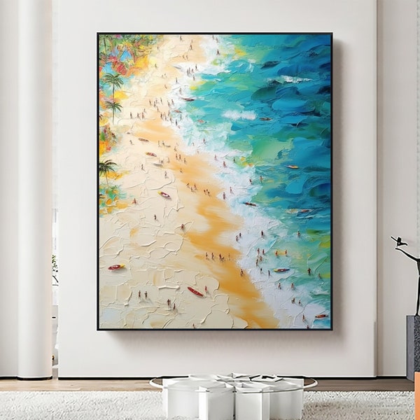 Large Original Blue Sea Beach Oil Painting on Canvas, Blue Ocean Painting, Summer Vacation Painting, Boho Wall Art, Living room Wall Decor