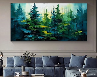 Abstract Forest Painting, Blue Green Textured Canvas, Original Modern Nature Landscape Handmade Artwork, Horizontal Living Room Wall Decor