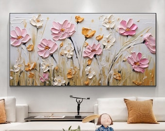 Original Ölgemälde auf Leinwand, große Wandkunst, abstrakte Blumenkunst rosa Dekor benutzerdefinierte Malerei minimalistische Wohnzimmer Wohnkultur