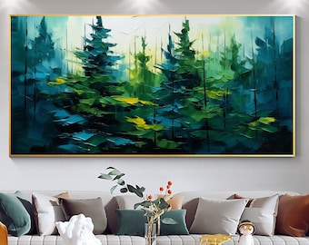 Abstract Forest Oil Painting On Canvas, Large Wall Art, Custom Painting, Original Green Tree Painting, Minimalist Wall Art Living room Decor
