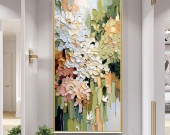 Getextureerde bloemenschilderij, abstracte witte bloem impasto kunst, saliegroen en blush roze decor, modern paletmes groot olieverfschilderij