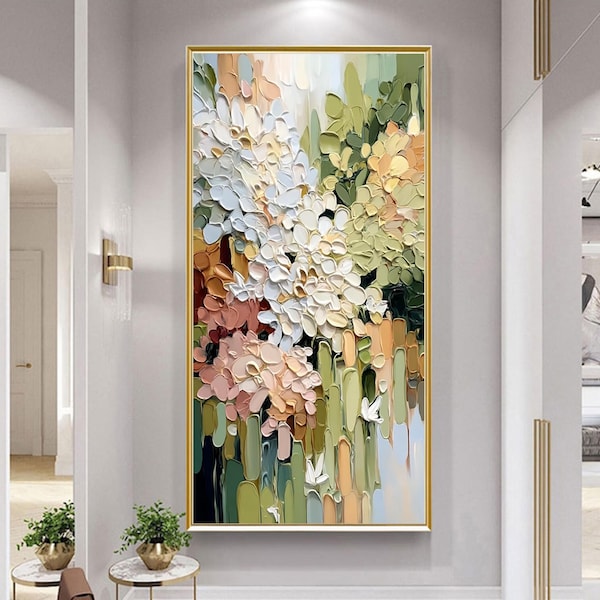 Pintura floral texturizada, arte abstracto de flores blancas empastadas, decoración en verde salvia y rosa ruborizado, pintura al óleo moderna de gran tamaño con espátula.