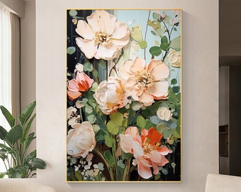 Pintura al óleo de flores abstractas sobre lienzo, arte de pared grande original minimalista blanco floral arte de la pared pintura personalizada decoración moderna de la sala de estar