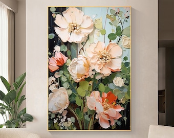 Pintura al óleo de flores abstractas sobre lienzo, arte de pared grande original minimalista blanco floral arte de la pared pintura personalizada decoración moderna de la sala de estar