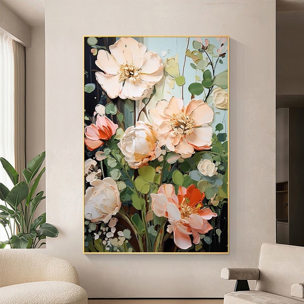 Abstract Flower Oil Painting on Canvas, Large Wall Art Original Minimalist White Floral Wall Art Custom Painting Modern Living Room Decor