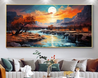 Pittura a olio astratta del paesaggio fluviale su tela, grande arte della parete, originale tramonto montagna pittura minimalista arte personalizzata Living Room Decor