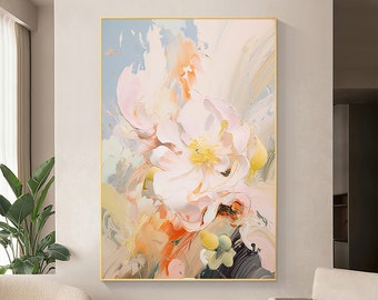 Pittura a olio minimalista di fiori rosa su tela, grande arte della parete astratta originale paesaggio floreale arte pittura personalizzata arredamento moderno del soggiorno